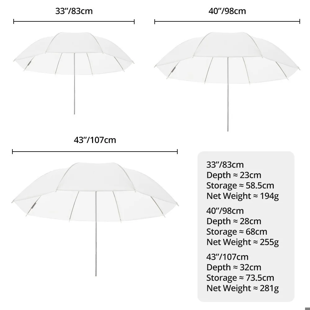 AMBITFUL 스튜디오 플래시 스트로브 조명용 반투명 우산, 화이트 소프트 디퓨저, 스튜디오 사진 우산, 83cm, 98cm, 107cm