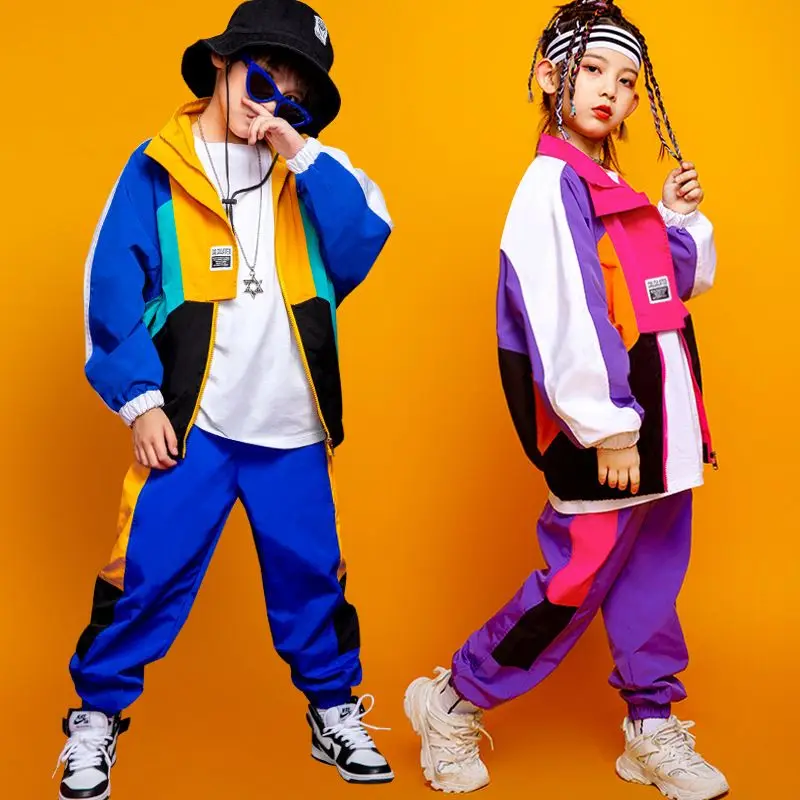 Boys Hip Hop Contrast Coat Girls Jazz Joggers Clothes Set Kids Street Dance Patchwork Jacket Sweatpants Child Costume Streetwear 2