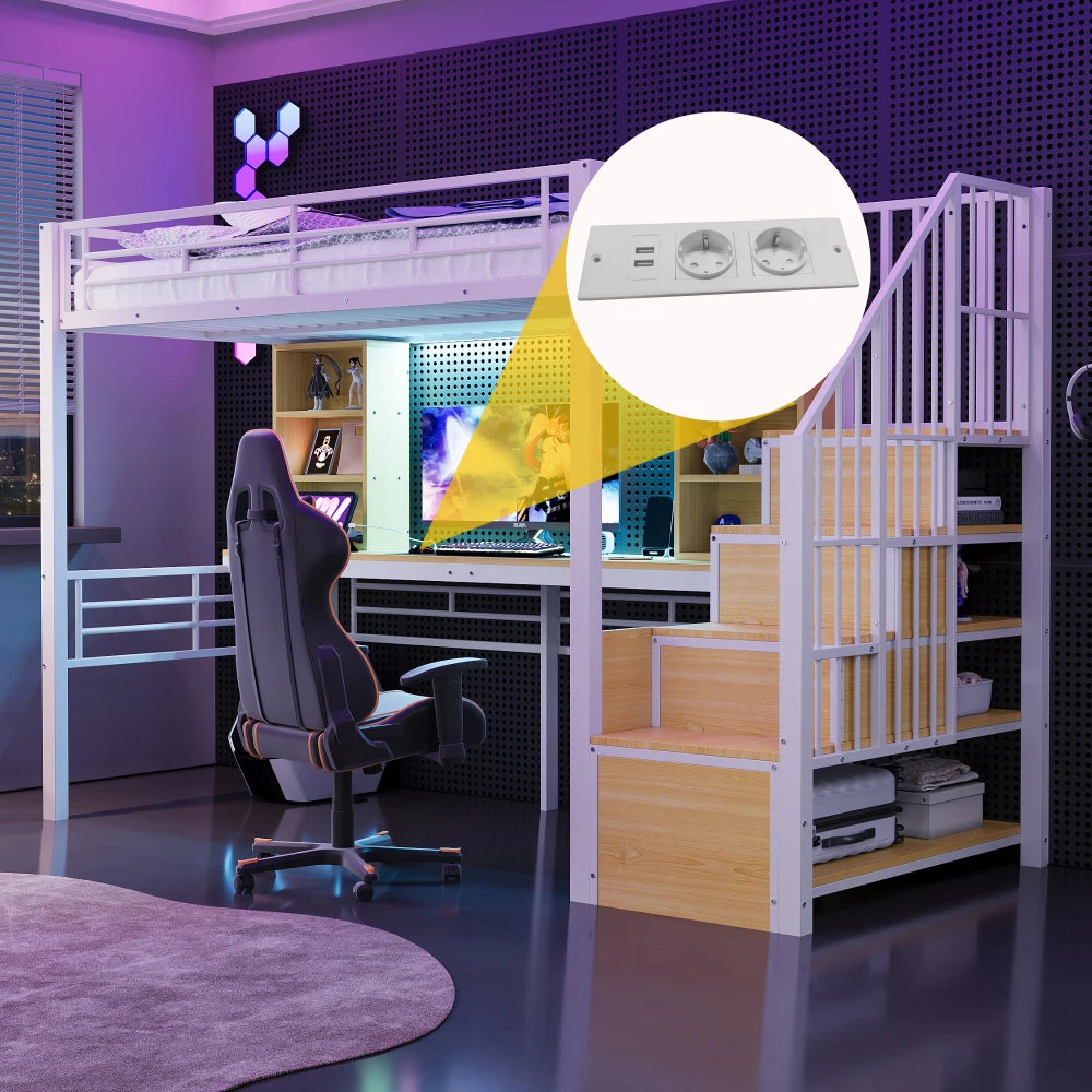 Hochbett 90×200cm, mit Regal, Schreibtisch, Steckdose und LED-Beleuchtung, integriertem Stauraum-Treppenhaus (links/rechts montierbar), Eisenrahmen – Detail 7