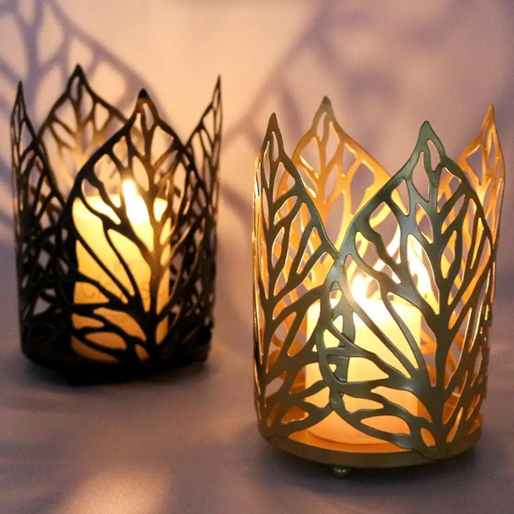

Iron Candle Holders Vintage Hollow-Out Leaf Tea Light Candle Holders Pillar Candles Votives Candlesticks For Table Home Decor