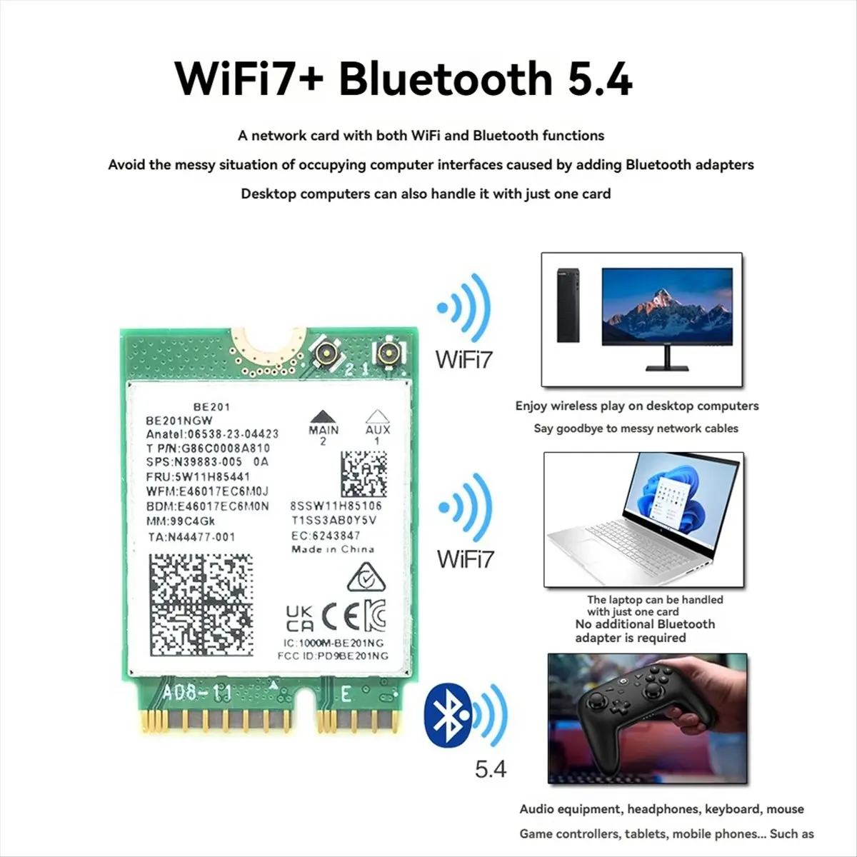 A10R BE201 BE201NGW WIFI7 카드 M.2 Cnvio3 8774Mbps 트라이밴드 BT5.4 무선 WIFI 모듈(8DB 안테나 포함) Win10/11 64비트용
