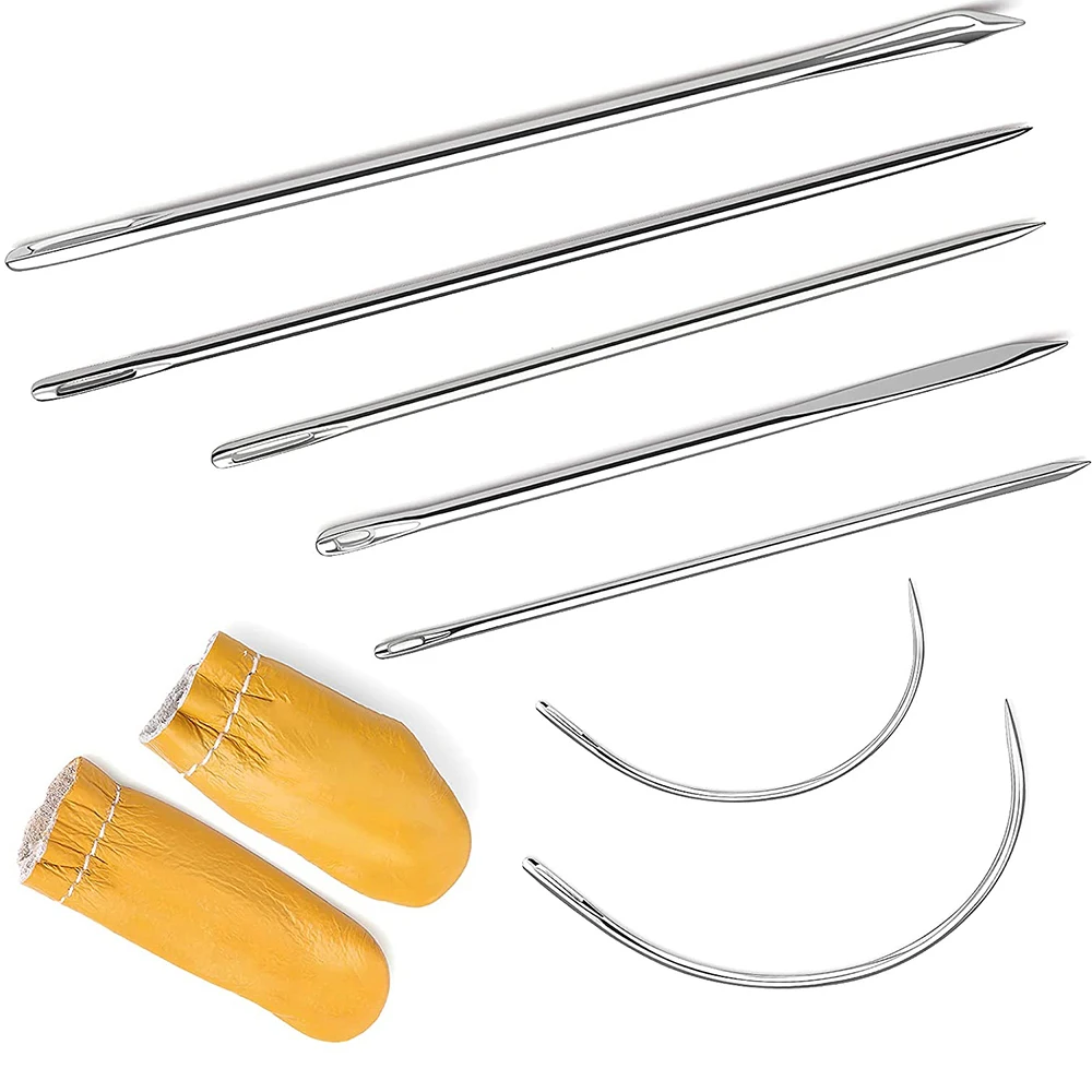 7Pcs Finger Protector Curved Needle Heavy Duty Sewing Needles with Cowhide  Sewing Thimble for Leather Carpet Canvas Repair Tools