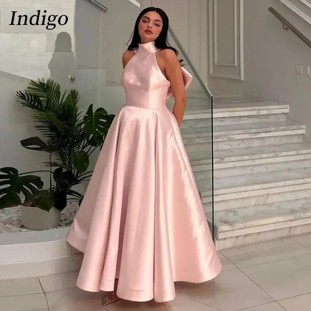 Indigo High Neck Prom Dresses Sleeveless Floor-Length Bow Women Formal Occasion Gown 2024 فساتين للحفلات الراقصة