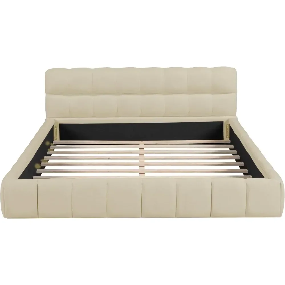 Modern Queen Upholstered Bed Frame with Wingback, Linen Low Plattform Bed, No Box Spring Needed Beige 5