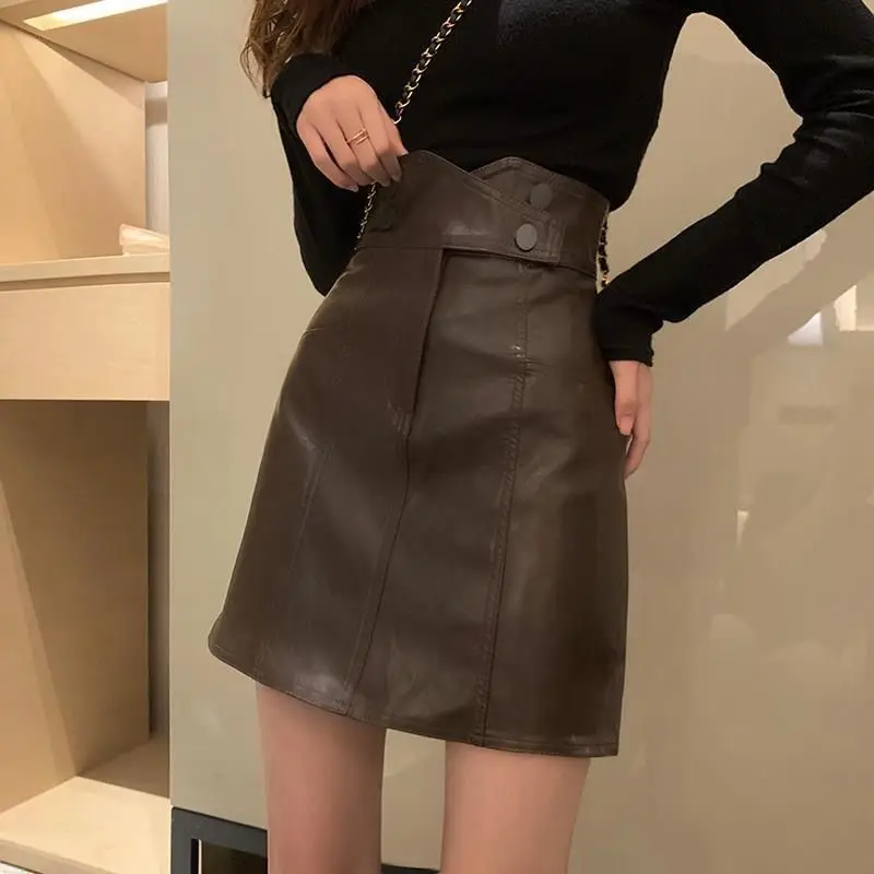 

Pu Buttons Skirt Women for Spring Autumn Winter 2024 New High Waist A- Line Solid Color Pu Mini Skirt Female Ladies C67