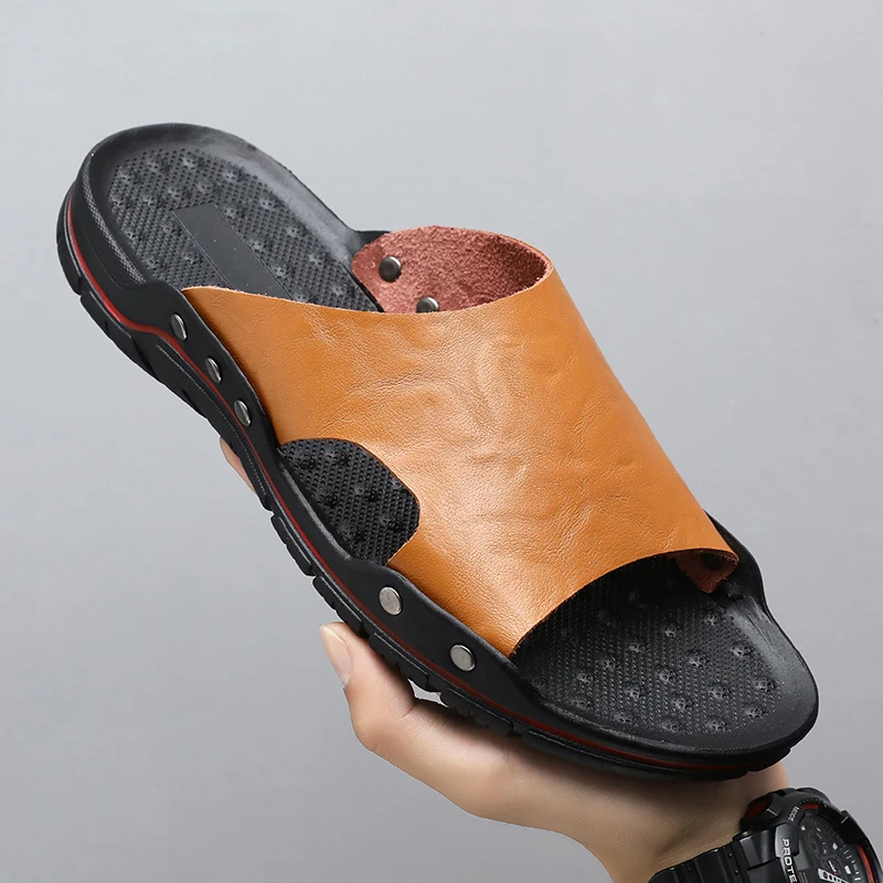 

Мужские Пляжные Шлепанцы из натуральной кожи, брендовые сандалии без застежки, полубосоножки на плоской подошве, большие размеры