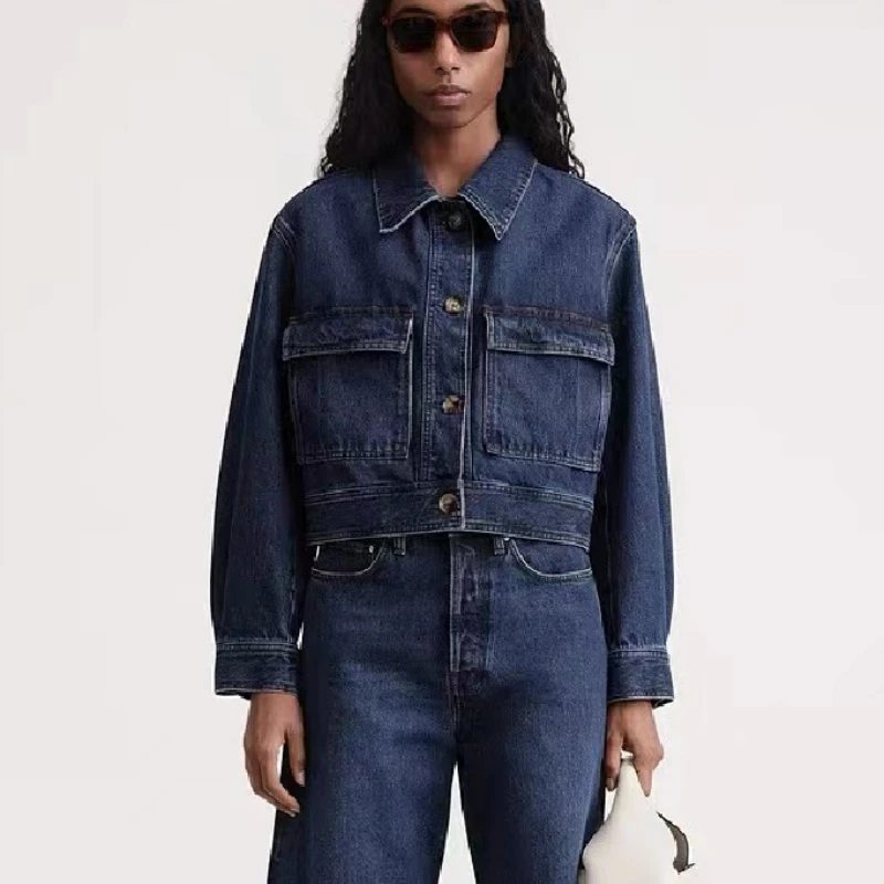 

2023 Autumn New Ladies Dark Blue Cotton Cropped Vintage Denim Jacket