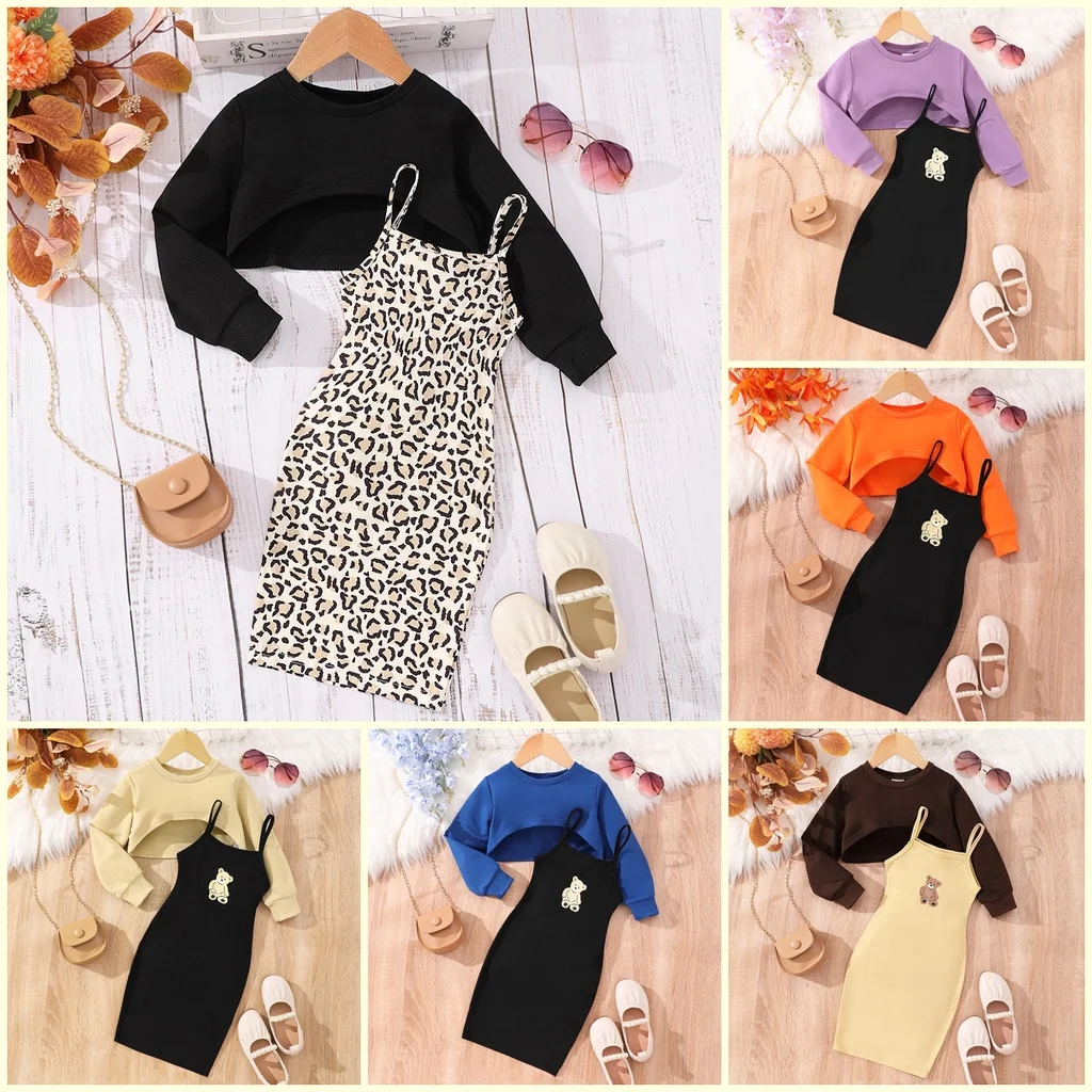 

Детская одежда 2024, костюм для девочек, модный топ с высокой талией + платье с запахом для девочек, комплект из 2 предметов, Леопардовый, осенне-зимний Повседневный детский наряд
