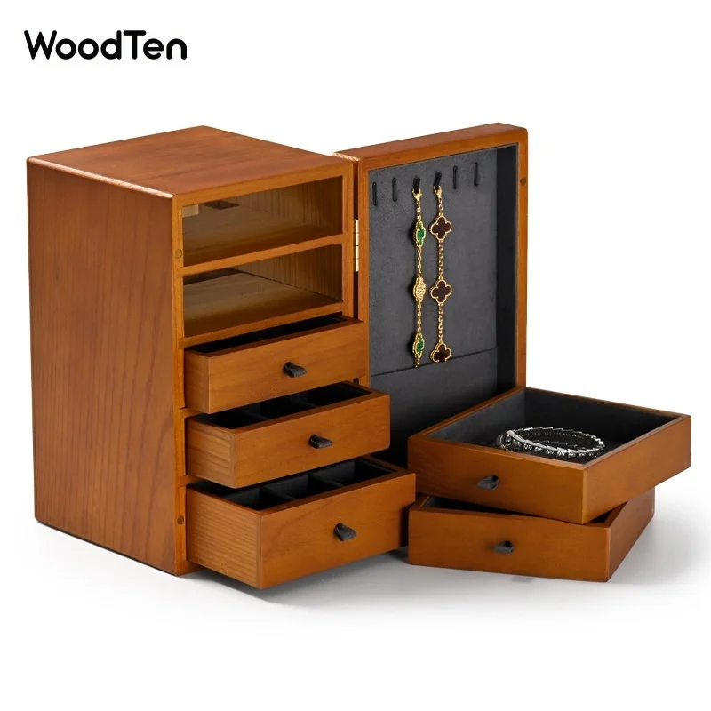

WoodTen Newly 5 Layers Wooden&Microfiber Jewelry Organizer Box Bracelet Display Stands Ring Watch Storagecase