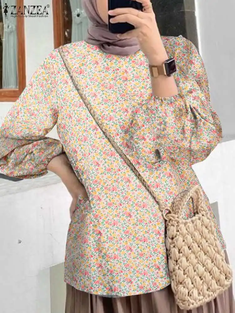 

ZANAZEA Bohemian Floral Printed Tops Muslim Casual Blouse Spring Woman Puff Sleeve Shirt Fashion Vintage Shirts Abayas Kaftans