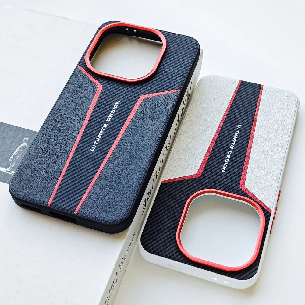 Red Spliced Carbon Fiber Leather Phone Case with Lens Protection