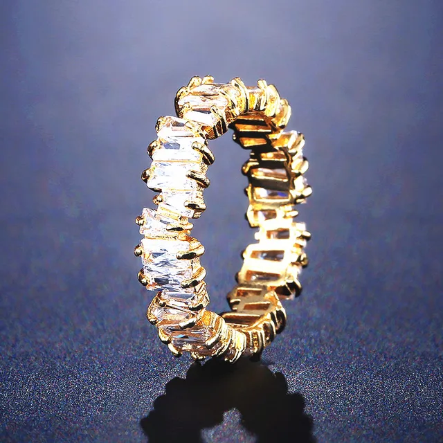 Handmade Eternity Promise Gold Crystal Ring AAA CZ Zirconia Engagement Wedding Band Rings for Women Men Finger Party Jewelry G