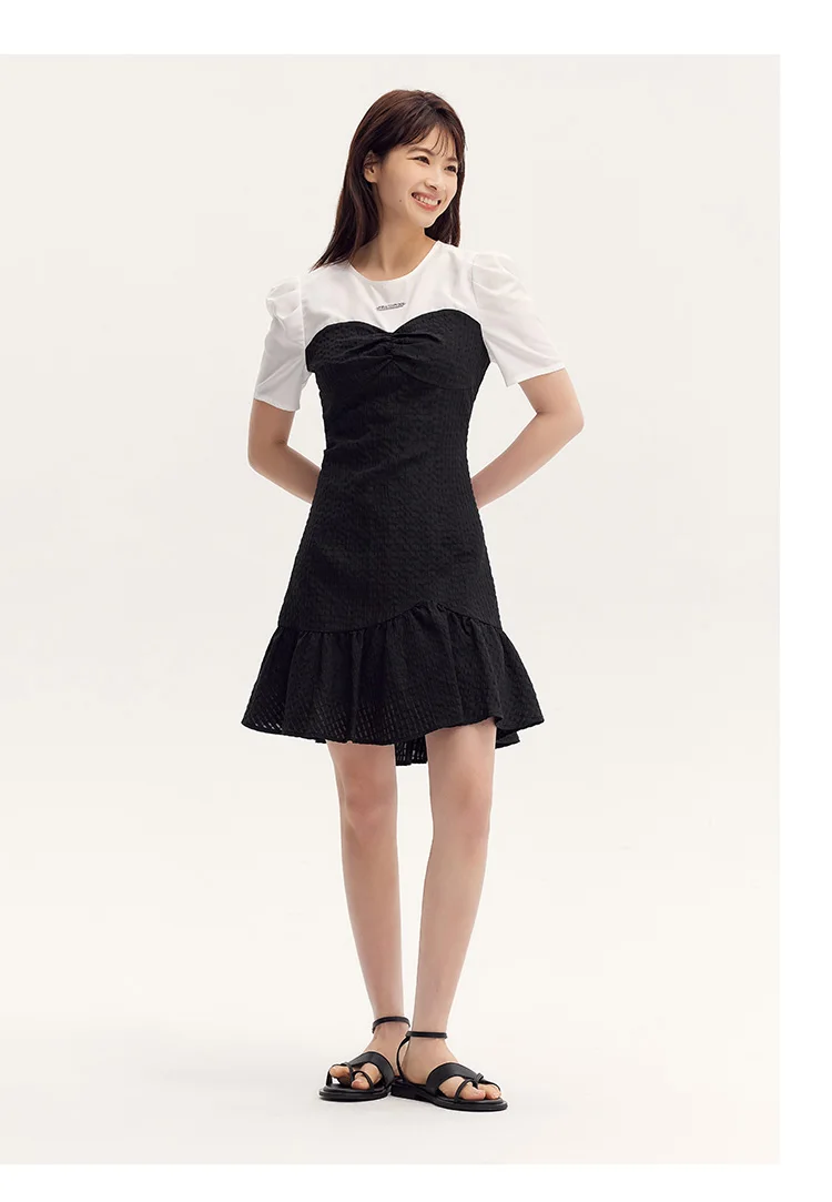 Vestido negro corto con bloques de color para mujer, elegante y de verano, con textura suave y dobladillo de sirena divertido, falda corta.