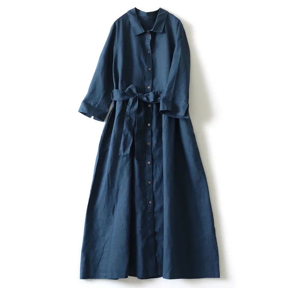 Japanese-Inspired Cotton Linen Midi Shirt Dress