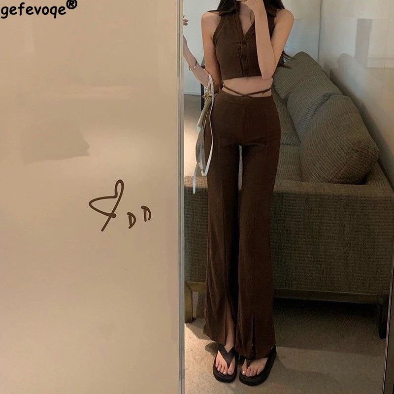 2022 Summer New Sleeveless Vest V Neck Top Zipper High Waist Casual Long Pants Two Piece Set Thin Solid Color Slim Fashion Suit thin glossy back zipper sleeveless jumpsuit playsuit women plus size swimming sportswear