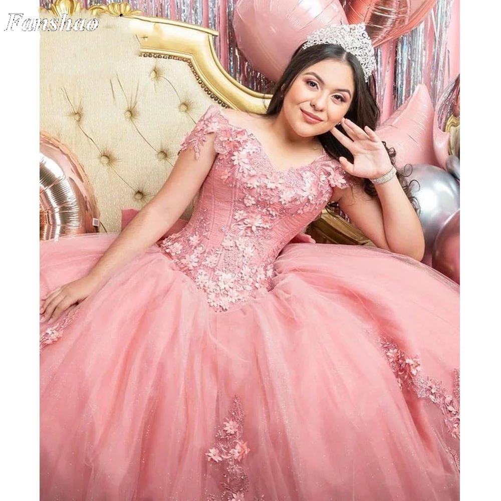 Fanshao wd149 Quinceanera sukienki z brokatowego tiulu na ramię suknia balowa z aplikacjami konkurs suknia wieczorowa słodkie szaty