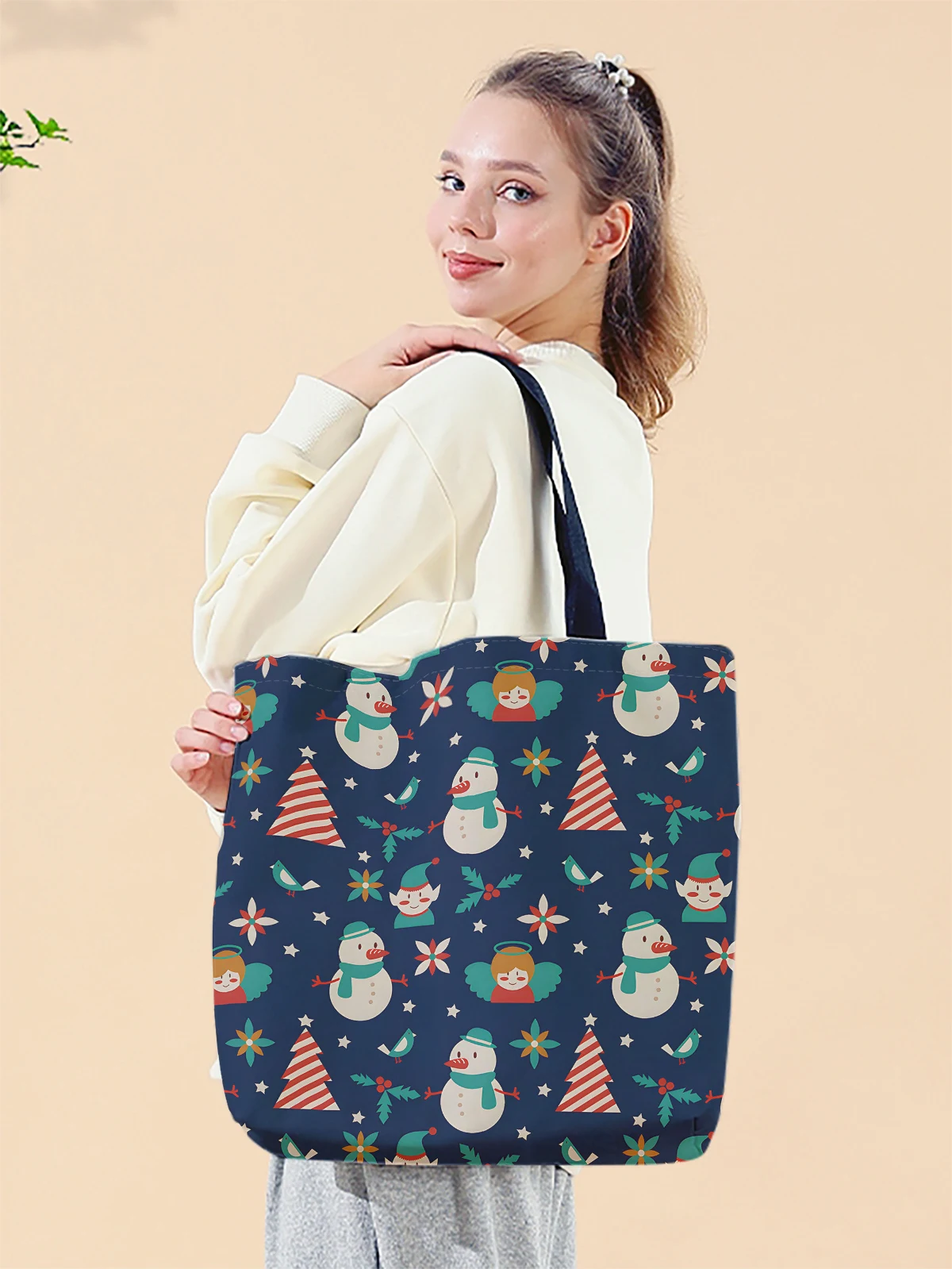 Christmas themed printed casual handbag, reusable fashionable backpack, multifunctional handbag, canvas shopping bag