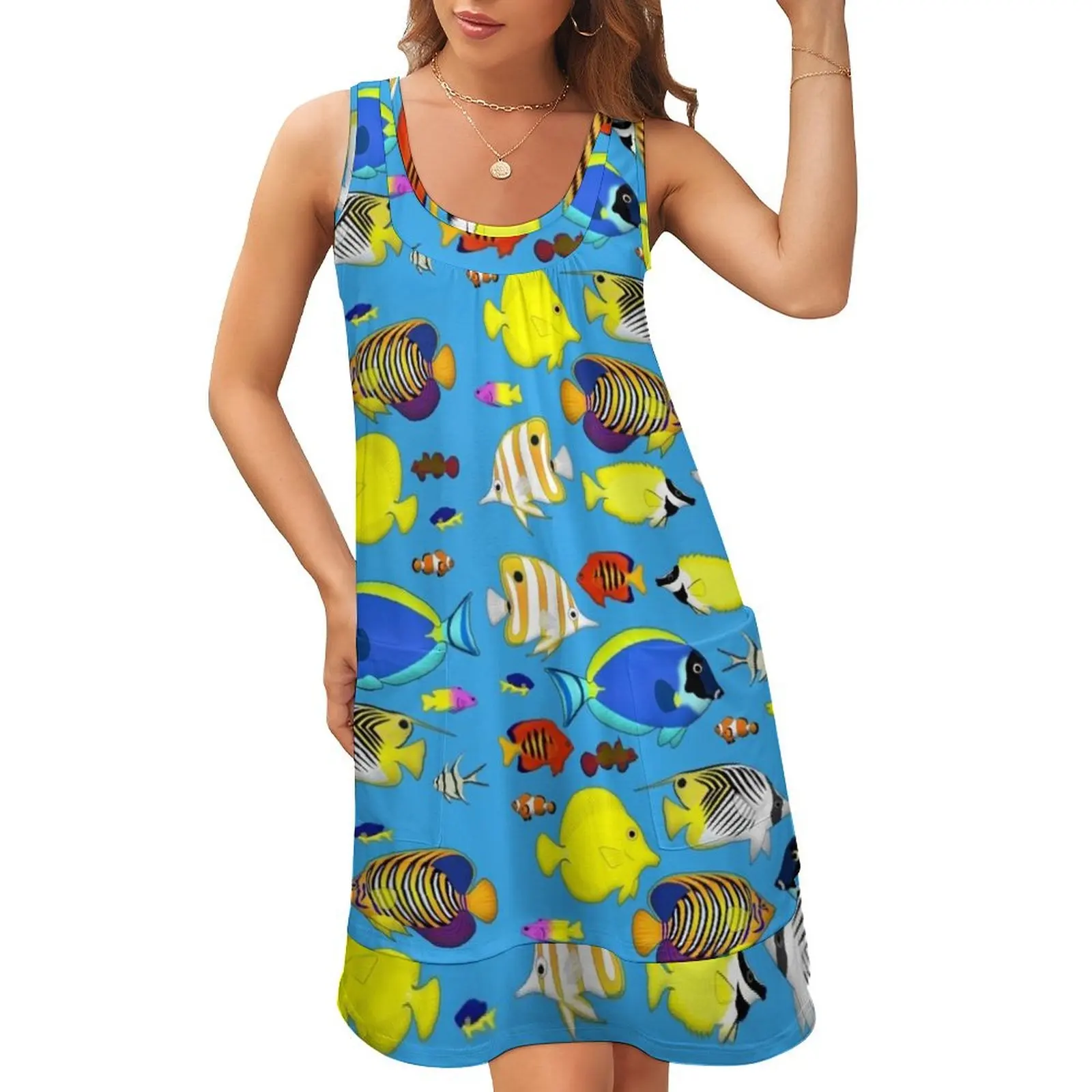 

reef fish 4 (blue background) Sleeveless U-Neck Fake Two Piece Dress Party dresses for women Womens dresses Aesthetic clothing