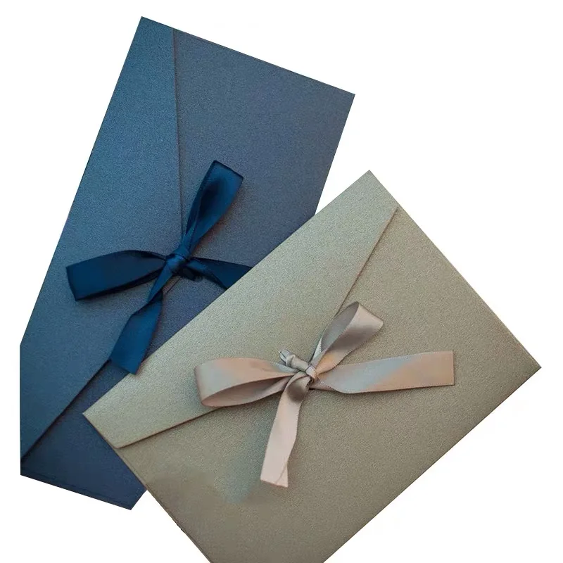 

High Quality Custom Gold foil Emboss Kraft Paper Mailer Paper Invitation Envelope with ribbon