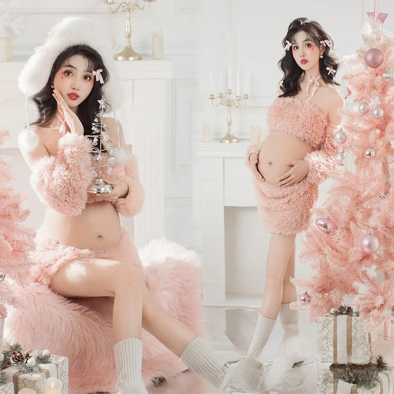 Women Photography Props Maternity Dresses Pregnancy Pink Plush Knitted Sweater Skirt with Socks Set Studio Photoshoot Clothes