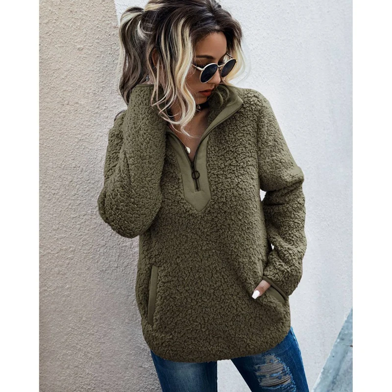 2 Pcs Women Sherpa Sweater Teddy Fleece Pullover Half Zipper Sherpa Fleece  Tops M Size Green u0026 Camel | AliExpress