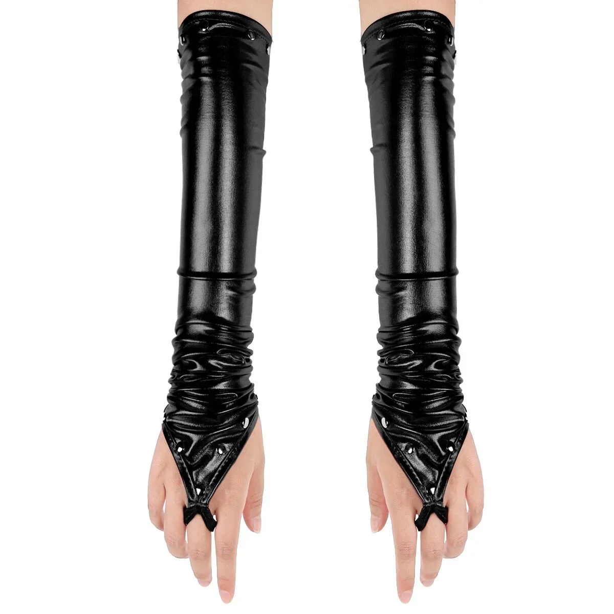 Women's Latex Fingerless Gloves with Rivets for Night Club Dancewear