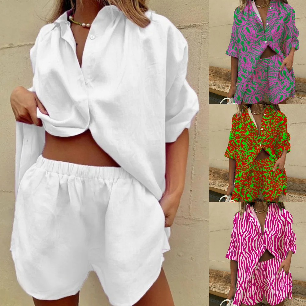 

2023 Summer New Fashion Casual Women's Single breasted Polo Collar Short Sleeve Shirt Lace up Wide Leg Shorts Two Piece Set