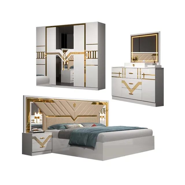 Ensemble de meubles de chambre à coucher modernes de luxe en gros de Chine, lit double king size avec cadre en bois, rangement, lit queen en MDF, pour la maison et les hôtels 1