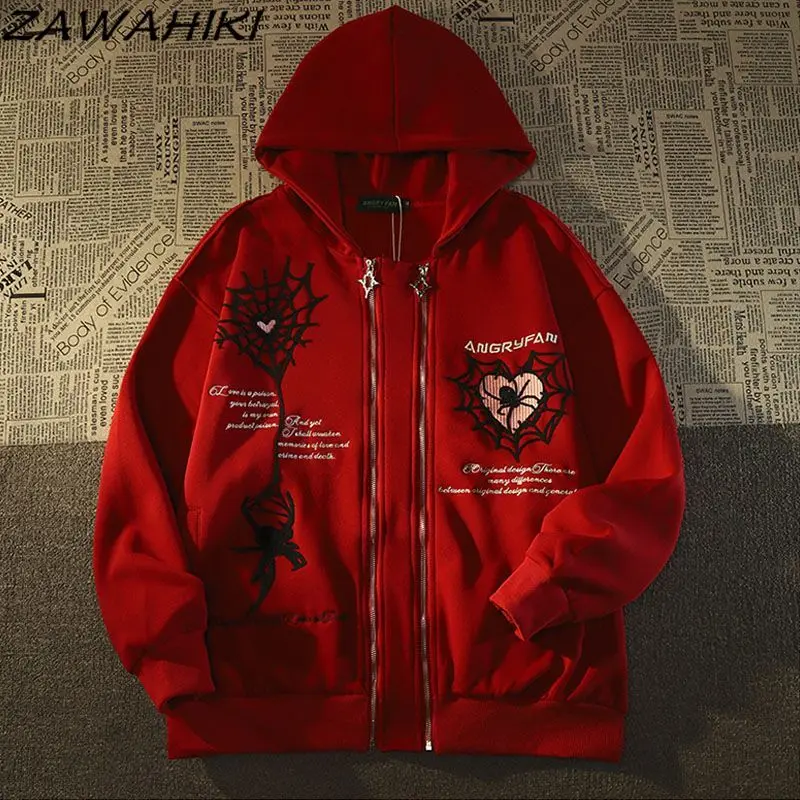 

ZAWAHIKI Spring Autumn Fashion Vintage Letter Embroidery K Pop Clothes American Streetwear Hiphop Loose Lovers Hoodie Sweatshirt