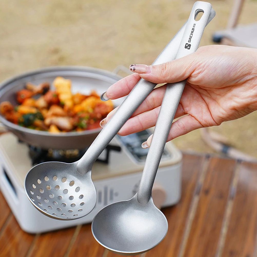 Long Handle Titanium Soup Ladle Skimmer Kits Slotted Spoon Food Strainer Serving Colander Hot Pot Tableware Lightweight 2PCS