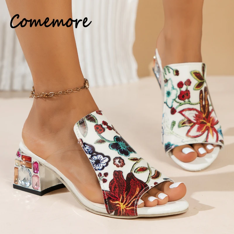 Women Slippers Floral Print Genuine Leather Mesh Patchwork Outdoor New Summer Sandals High Heel Elegant Slides