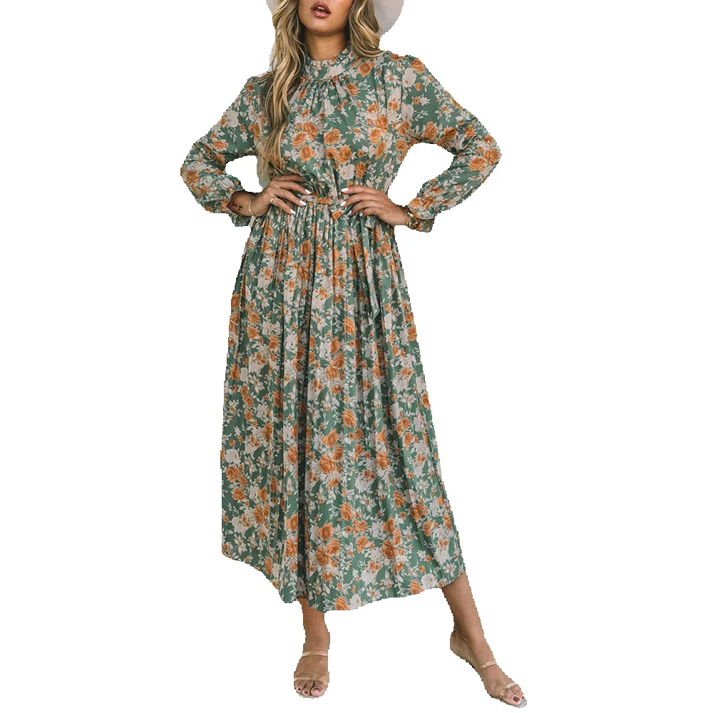 

Green Pleated Long Sleeved Floral Dress With Tie And Waistband Fashion 6112938