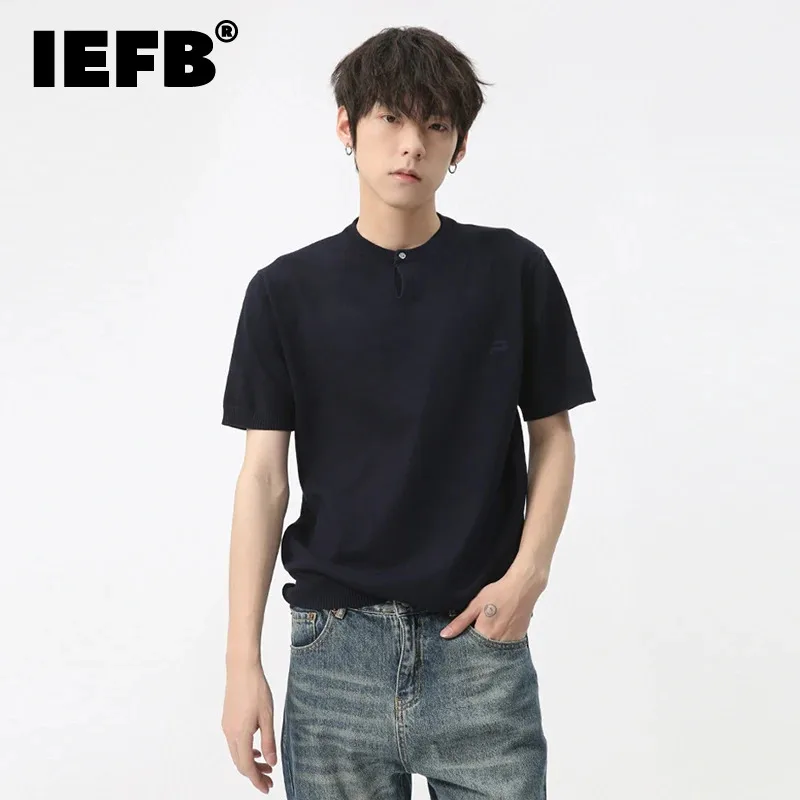 

IEFB 2024 Summer New Men's T-shirt Korean Style Simple Button Small Neck Design Knitted Top Trendy Solid Color Pullover 9C5834