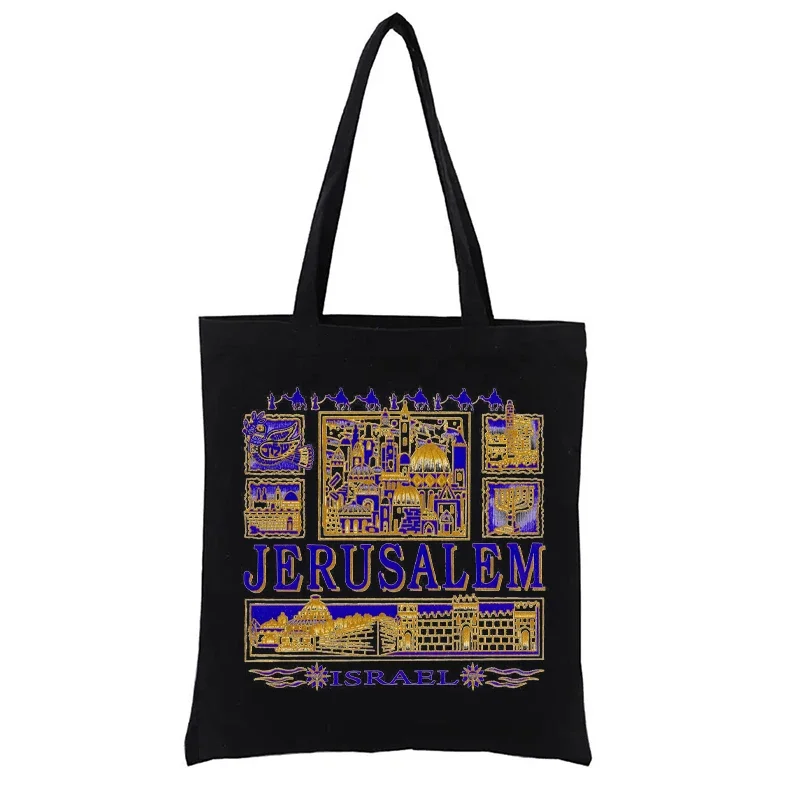 

Jerusalem Hebrew Canvas Shopping Bag Tote Bags Aesthetic Female Handbags Fashion Funny Casual Totebag Shopper Women's Handbag