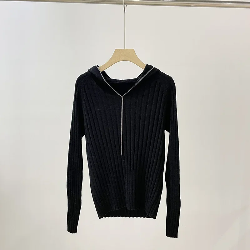 

Bead Chain 100% Cashmere V-neck Hooded Knitted Simple Pit Strip Versatile Pullover Sweater for Women