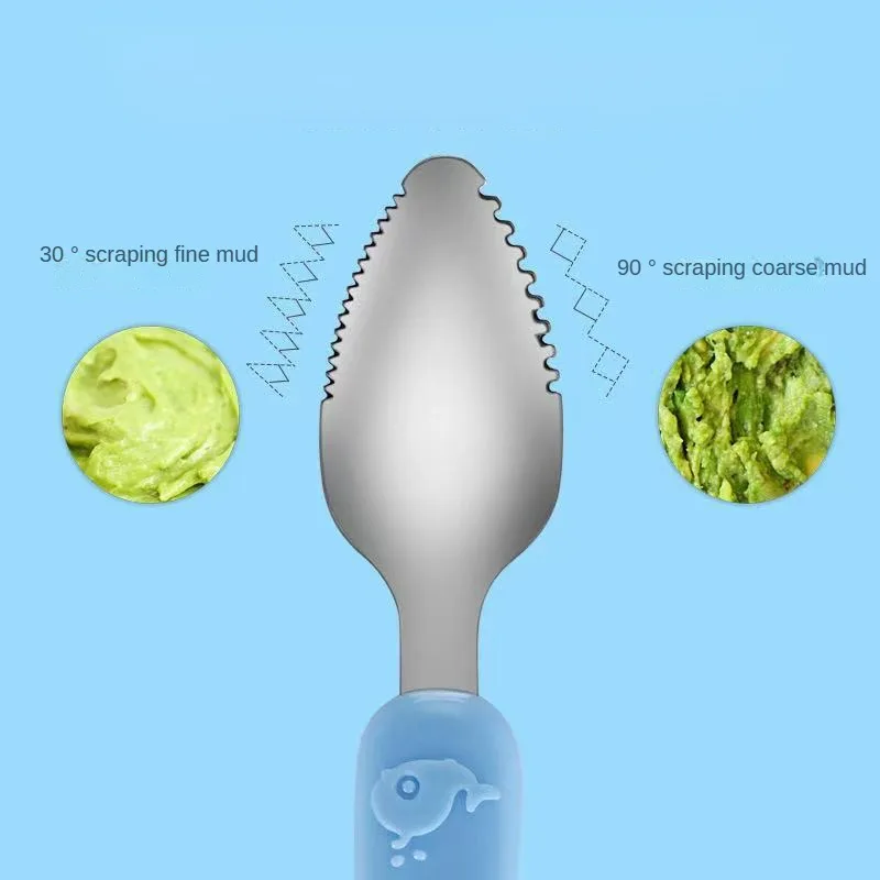 Baby Food Feeding Spoon Stainless Steel Scraping Silicone Soft Spoon Infant Tableware Utensil With Box Children Toddler Cutlery