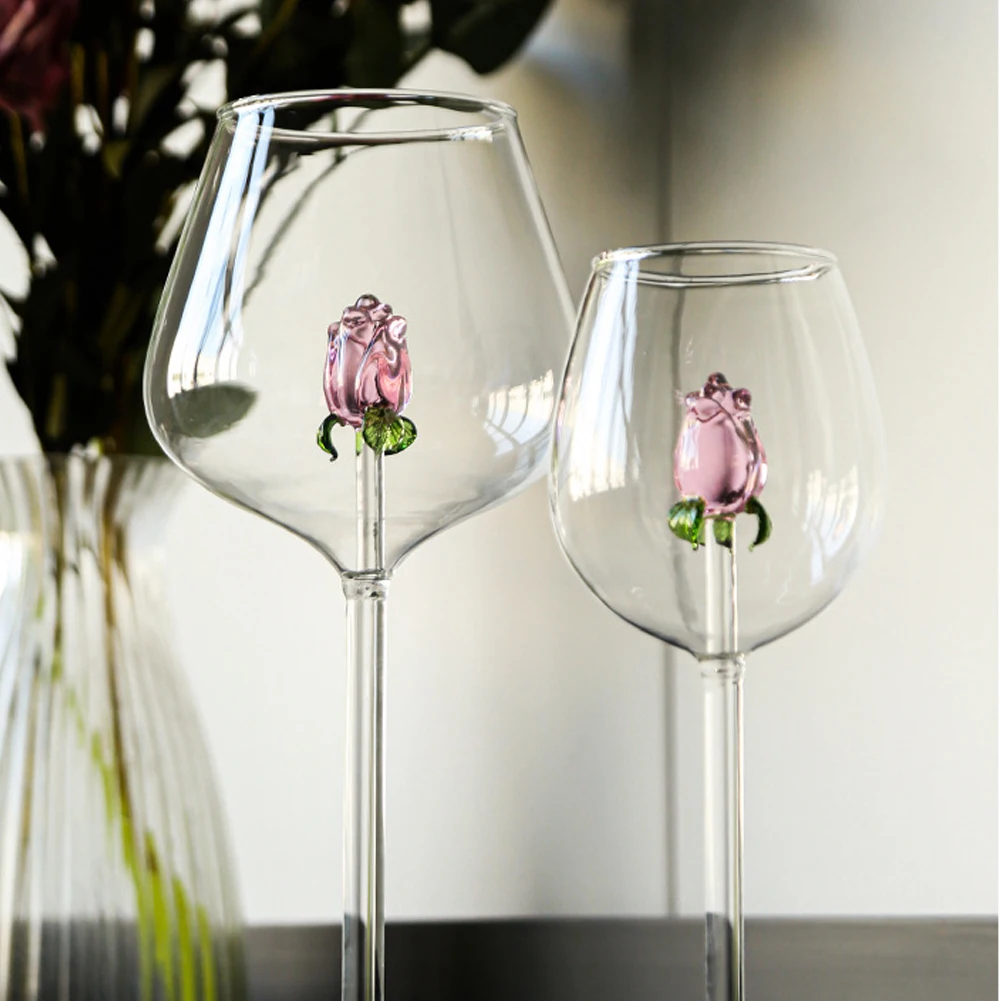 Glass Wine Cups Transparent Wine Goblet With Rose Party Tableware Bar Tool Drinkable For Living Room Home Drinking Supplies