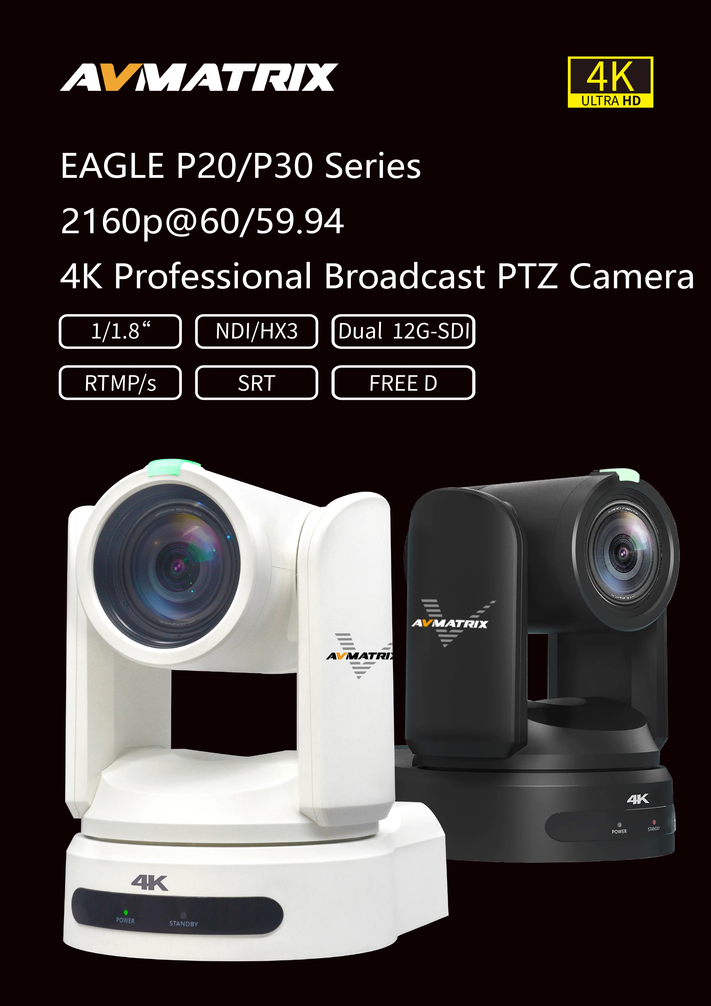 .AVMATRIX EAGLE P20/P30 4K 전문 방송 PTZ 카메라 라이브 VR/AR 비디오 제작을 위한 12G-SDI 20/30X 광학 줌 렌즈