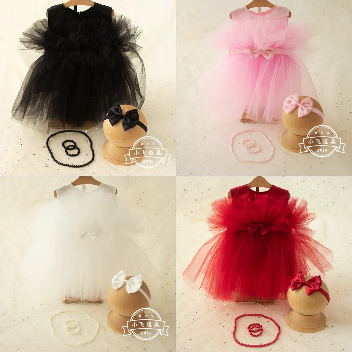 Dvotinst Newborn Baby Girls Photography Props Princess Mesh Tutu Dress with Headband Necklace Set Studio Shooting Photo Props