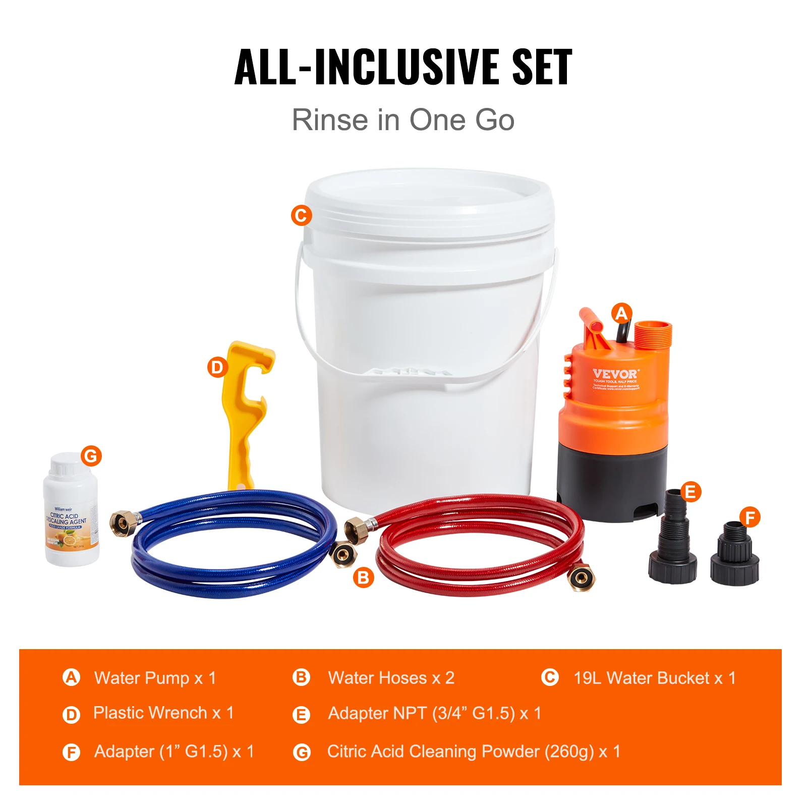 VEVOR Tankless Water Heater Flushing Kit Includes Efficient Pump & 5 Gallon Pail & 2 Hoses & Descaling Powder Quick Instal 6