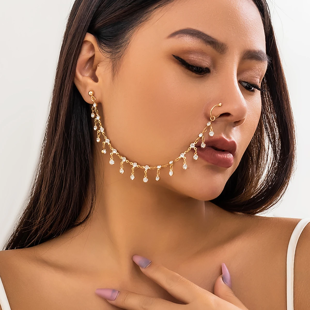 Lacteo New Trendy Nose Ring Clip Ear Stud Rhinestone Charm