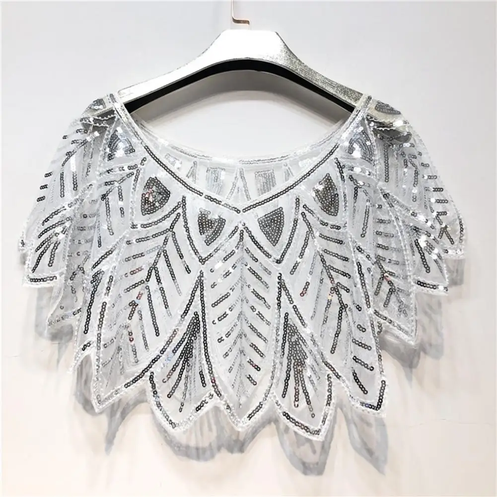Women 1920s Evening Shawl Elegant Embroidered Beaded Capelet for Women Sparkling Sequin Party Shawl with Leaf Shape Gauze V Neck