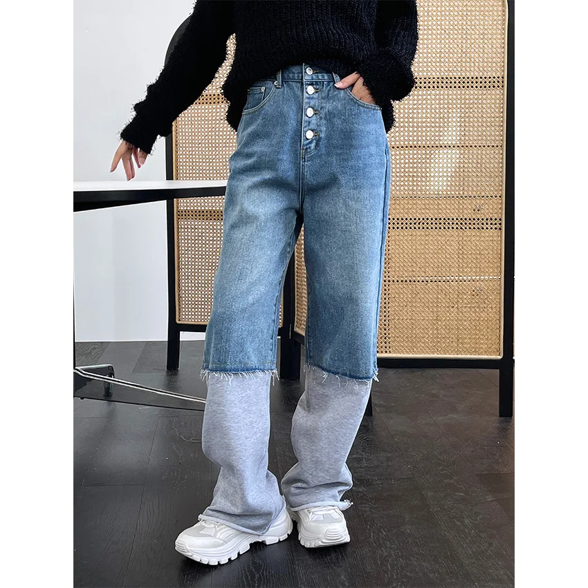 jeans pant HanOrange Autumn Straight Jeans Splicing Retro Street High-waisted Loose Stitching Trousers Women Vintage flare jeans Jeans