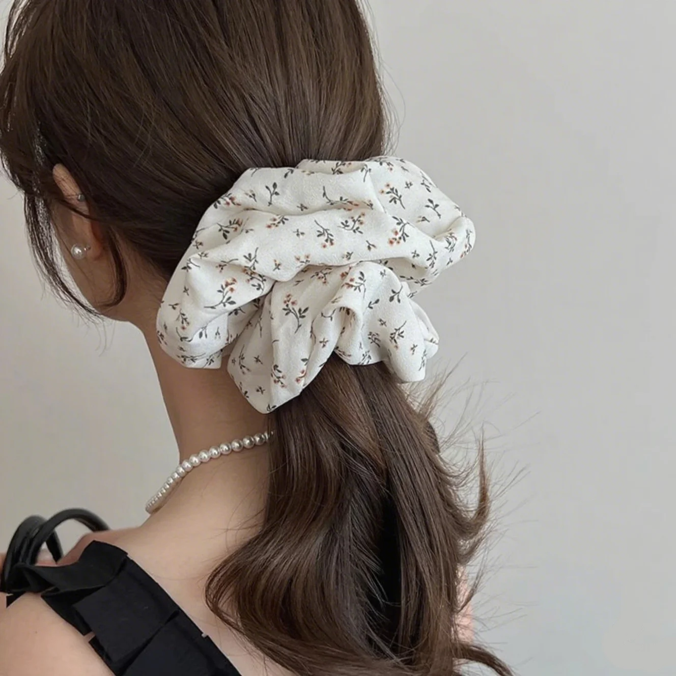 Brown Floral Scrunchie, Elegant Hair Accessory for Women, Cute Hair Tie for Daily Wear