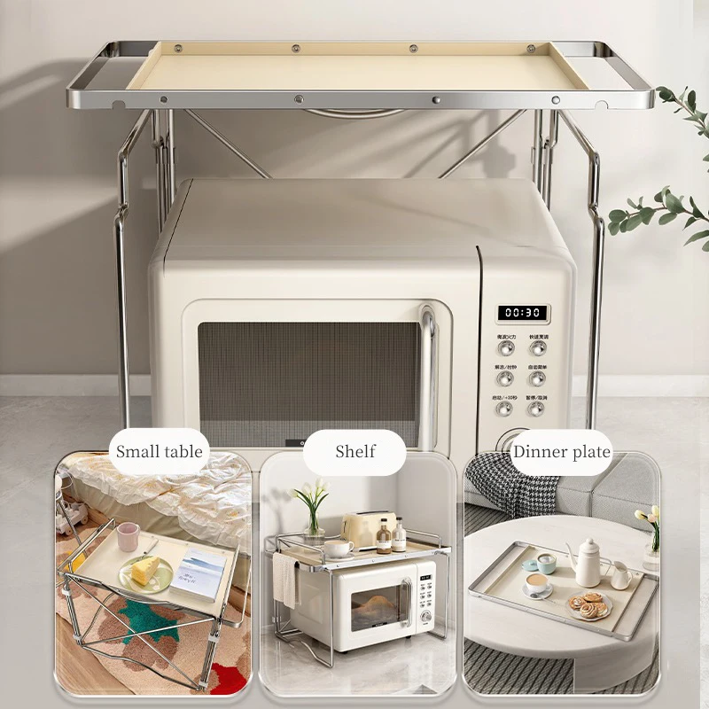Kitchen 2-layer Microwave Oven Storage Rack Retractable Countertop Gadget Set Floor Stand Seasoning Holder Spicy Organizer Shelf 2