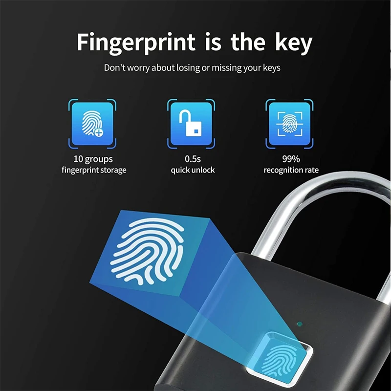 Keyless Smart Fingerprint Padlock USB Charging Fingerprint Lock Waterproof Door Lock 0.2sec Unlock Security Padlock House