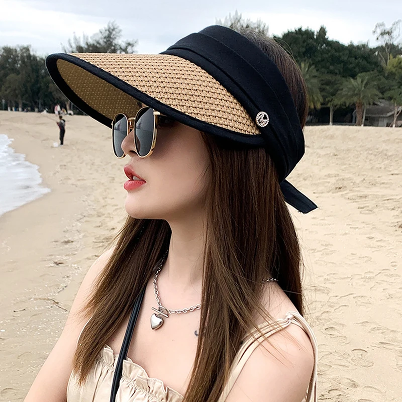 Womens Fashion Empty Top Straw Hat Travel Beach Sunshade Sun Hat Foldable Cruise Visor Cap For Ladies