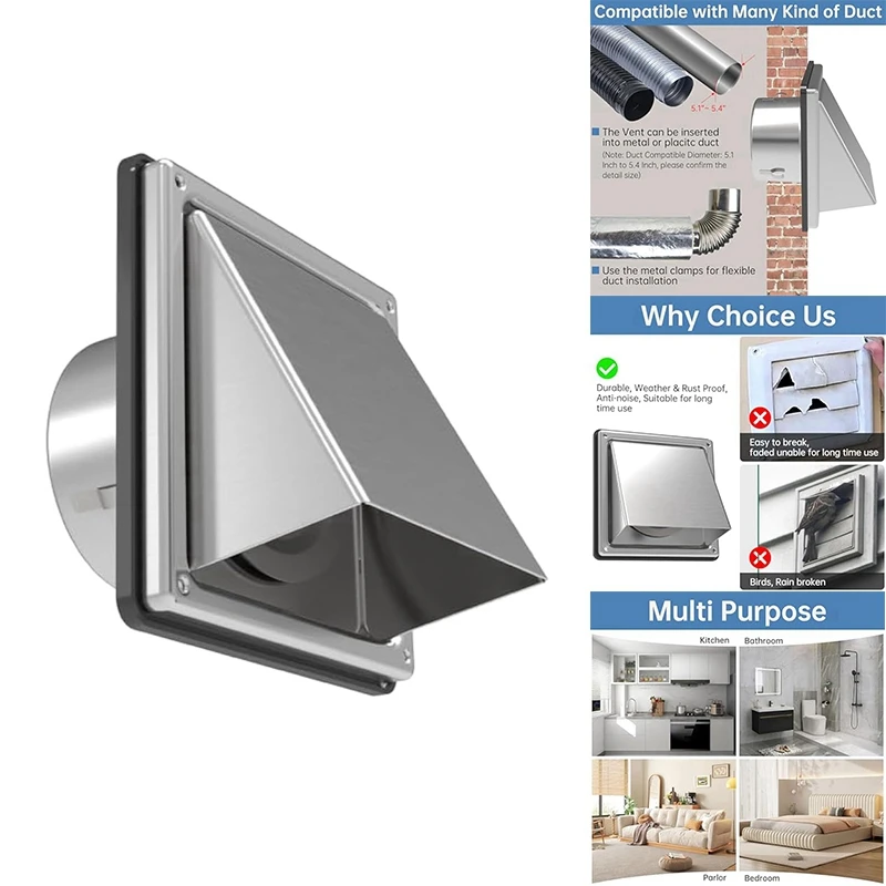 

Dryer Vent Cover Outdoor Wall With Cushioned Non Return Flap,External Extractor Wall Vent,Stainless Steel Vent Cover