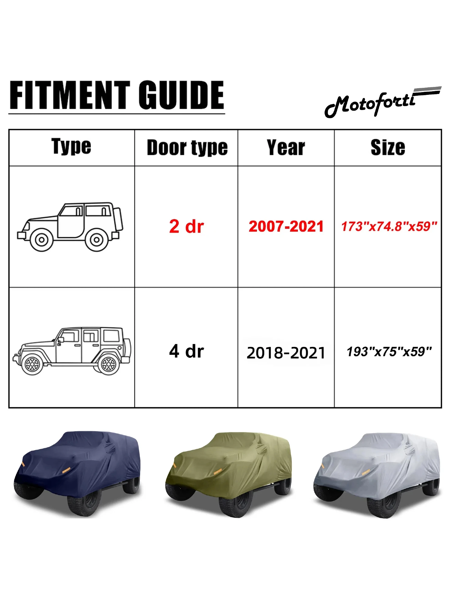 Motoforti-Autoabdeckung für Jeep Wrangler JK 2-Türer 2007–2017 JL 2-Türer 2018–2021, wasserdicht, für den Außenbereich, Sonne, Regen, Staub, Windschutz – Detail 1