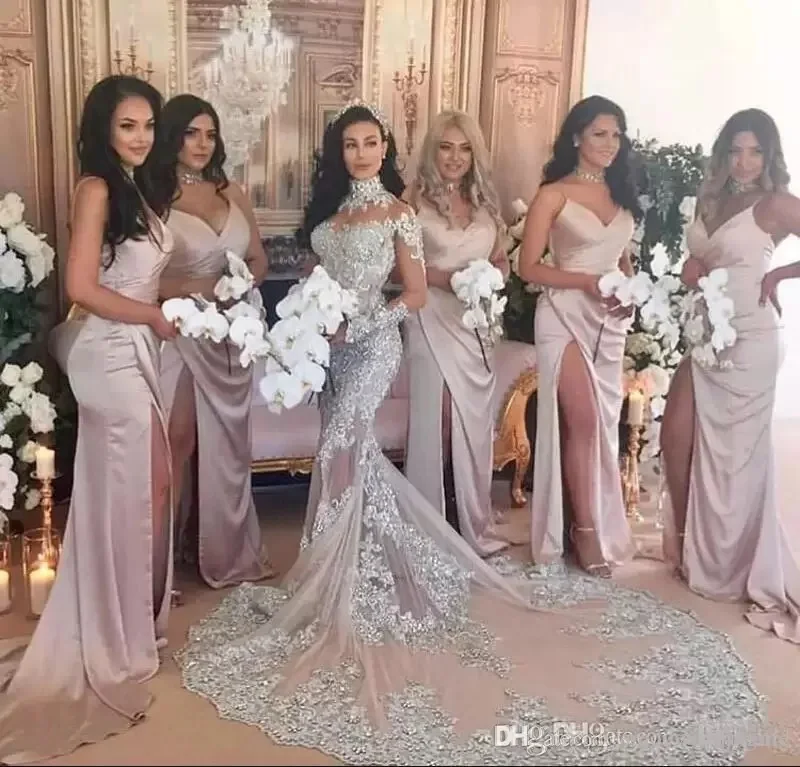 

New Simple Satin Side Slit Sheath Wedding Bridesmaid Dress Sexy Spaghetti Straps Deep V Neck Backless Long Prom Dress